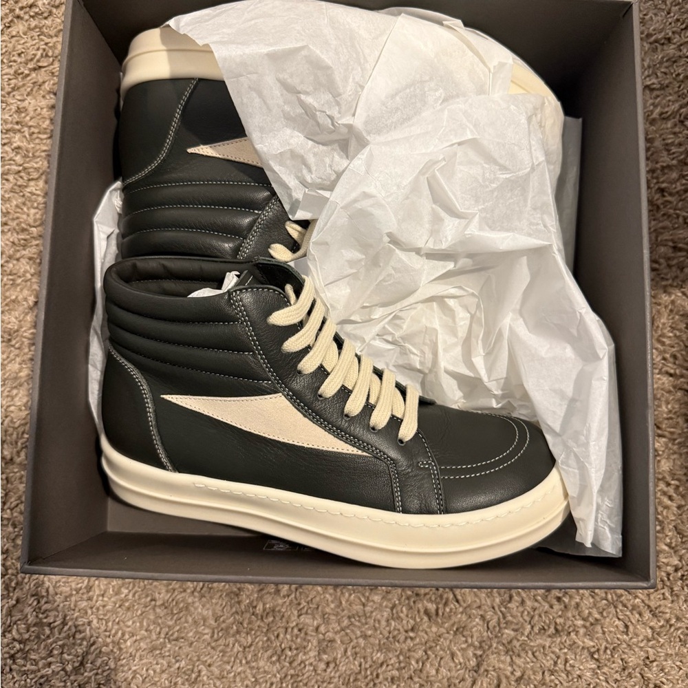 Rick Owens Black and Cream High-Top Sneakers